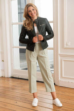 Glossy khaki lambskin jacket-soft, sleek, and biker-inspired. - Image n°4
