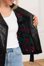 Rock-chic lambskin biker jacket in black. Soft leather, floral lining. - Image n°4