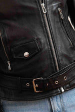 Rock-chic lambskin biker jacket in black. Soft leather, floral lining. - Image n°2