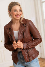 Oakwood's maroon lambskin biker jacket, cotton-lined for all seasons. - Image n°1