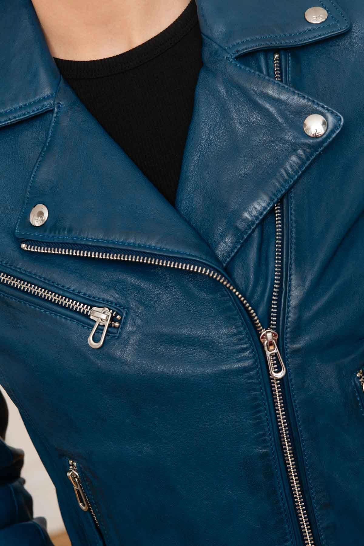 Lambskin biker jacket in deep blue, sleek and floral-lined. - Image n°2