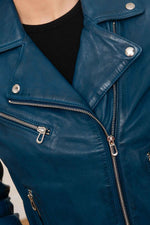Lambskin biker jacket in deep blue, sleek and floral-lined. - Image n°2