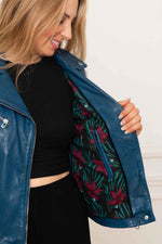 Lambskin biker jacket in deep blue, sleek and floral-lined. - Image n°4