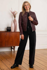 Burgundy lambskin biker jacket, soft and glossy with a floral lining. - Image n°2