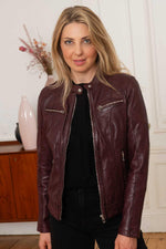 Burgundy lambskin biker jacket, soft and glossy with a floral lining. - Image n°1