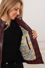 Burgundy lambskin biker jacket, soft and glossy with a floral lining. - Image n°3