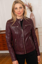 Burgundy lambskin biker jacket, soft and glossy with a floral lining. - Image n°4