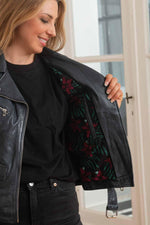 Timeless navy lambskin biker jacket with a glossy, regular fit. - Image n°6