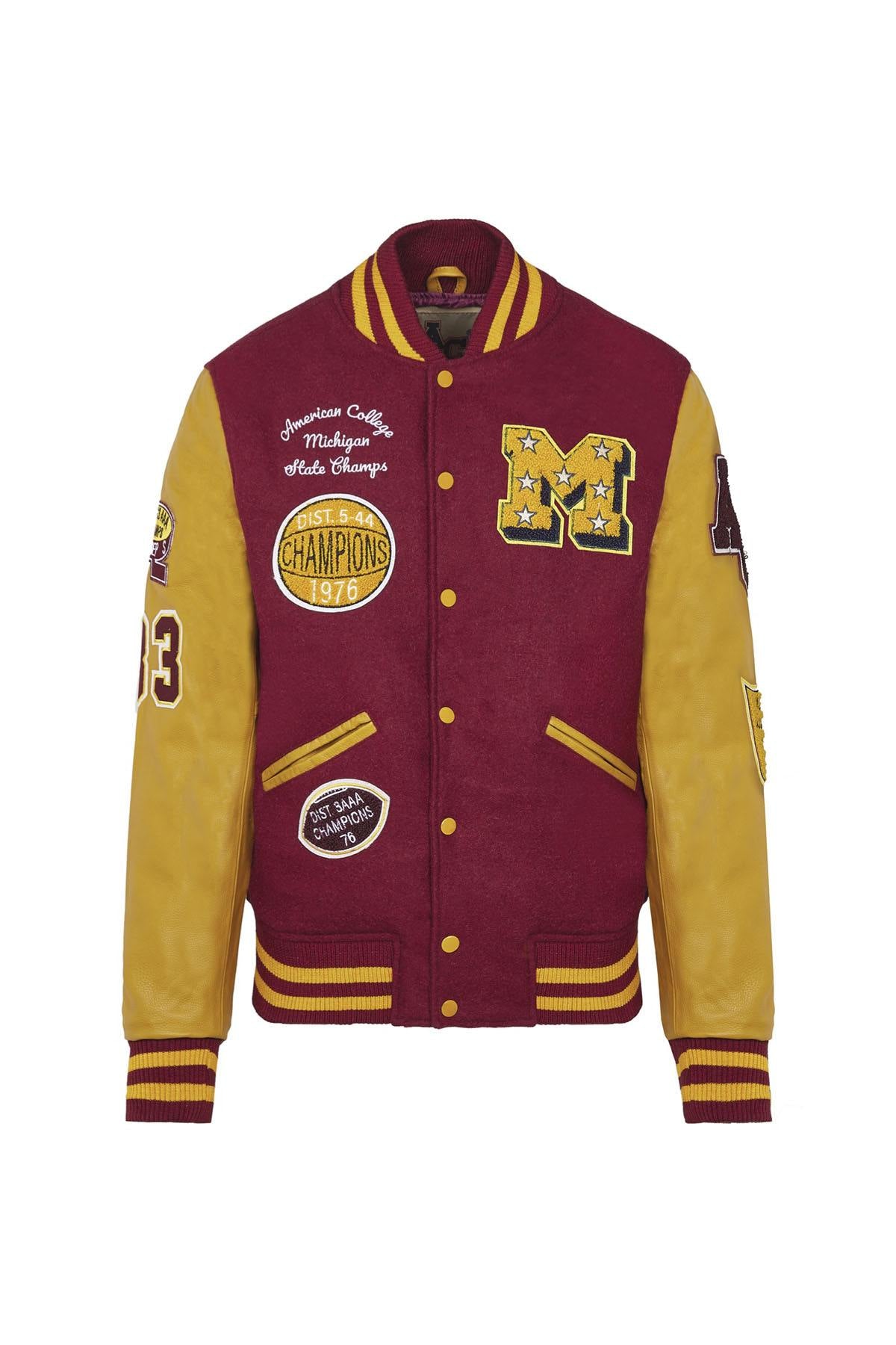 American College's burgundy varsity: wool and gold-yellow leather. - Image n°8
