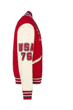 Bold red wool meets beige leather sleeves in this urban jacket. - Image n°9