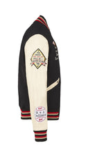 Black wool and beige leather varsity jacket for a sporty look. - Image n°9