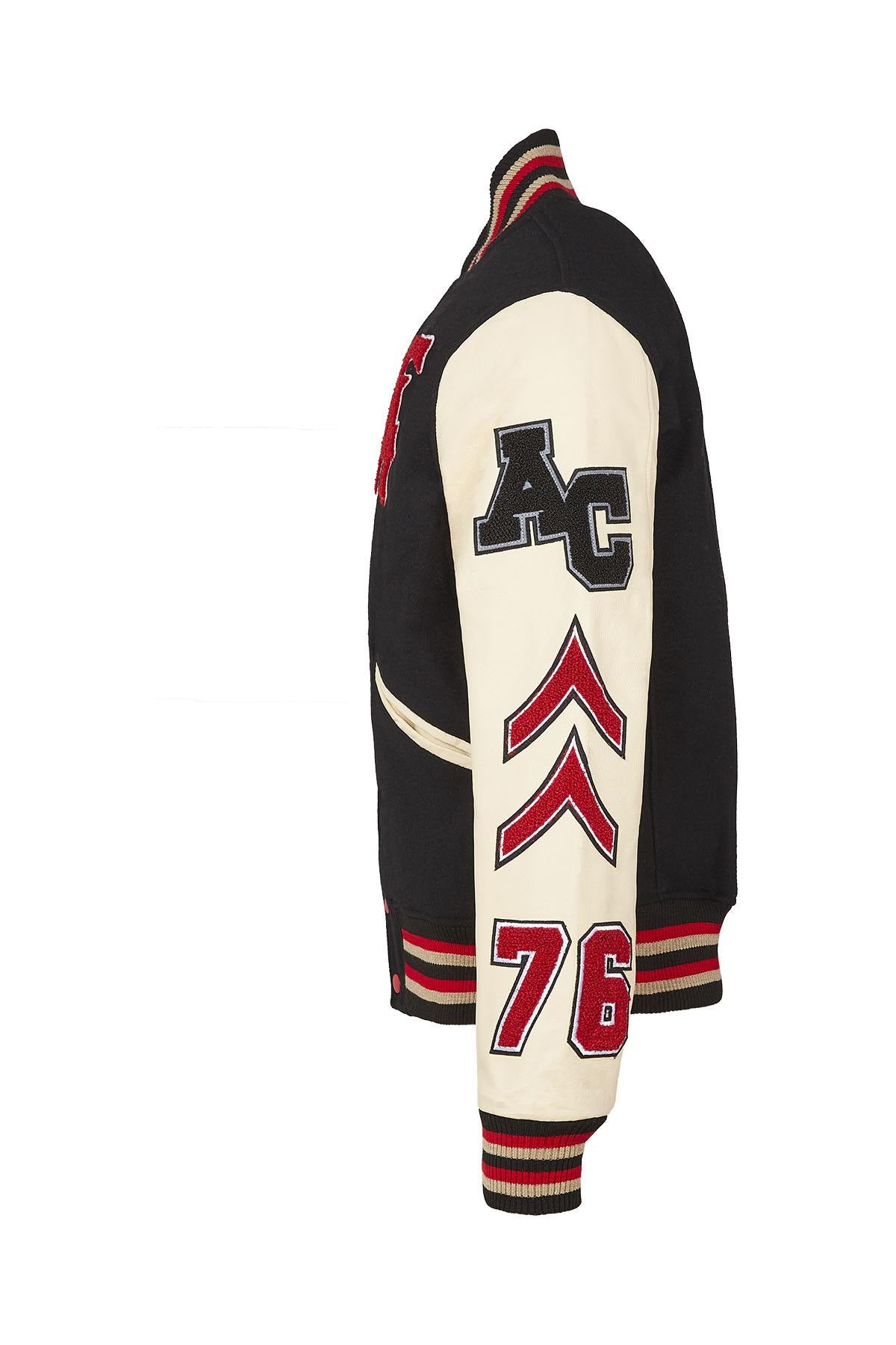 Black wool and beige leather varsity jacket for a sporty look. - Image n°10