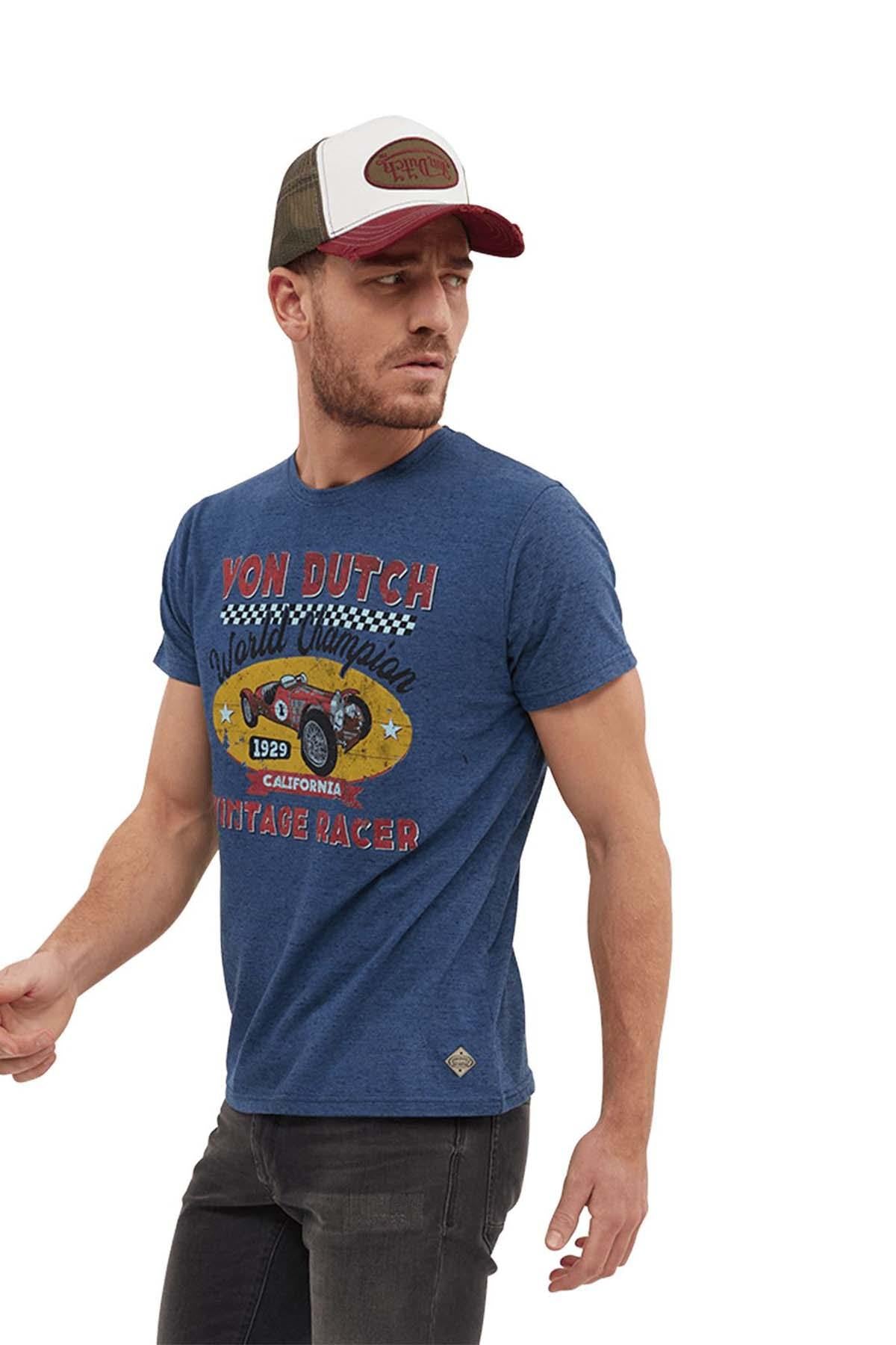 Blue t-shirt with vintage print for men - Image n°1