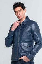 Royal blue shirt collar leather jacket - Image n°4