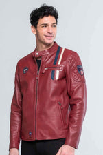 Dark red sheepskin jacket with tricolour stripes and zip pockets. - Image n°1