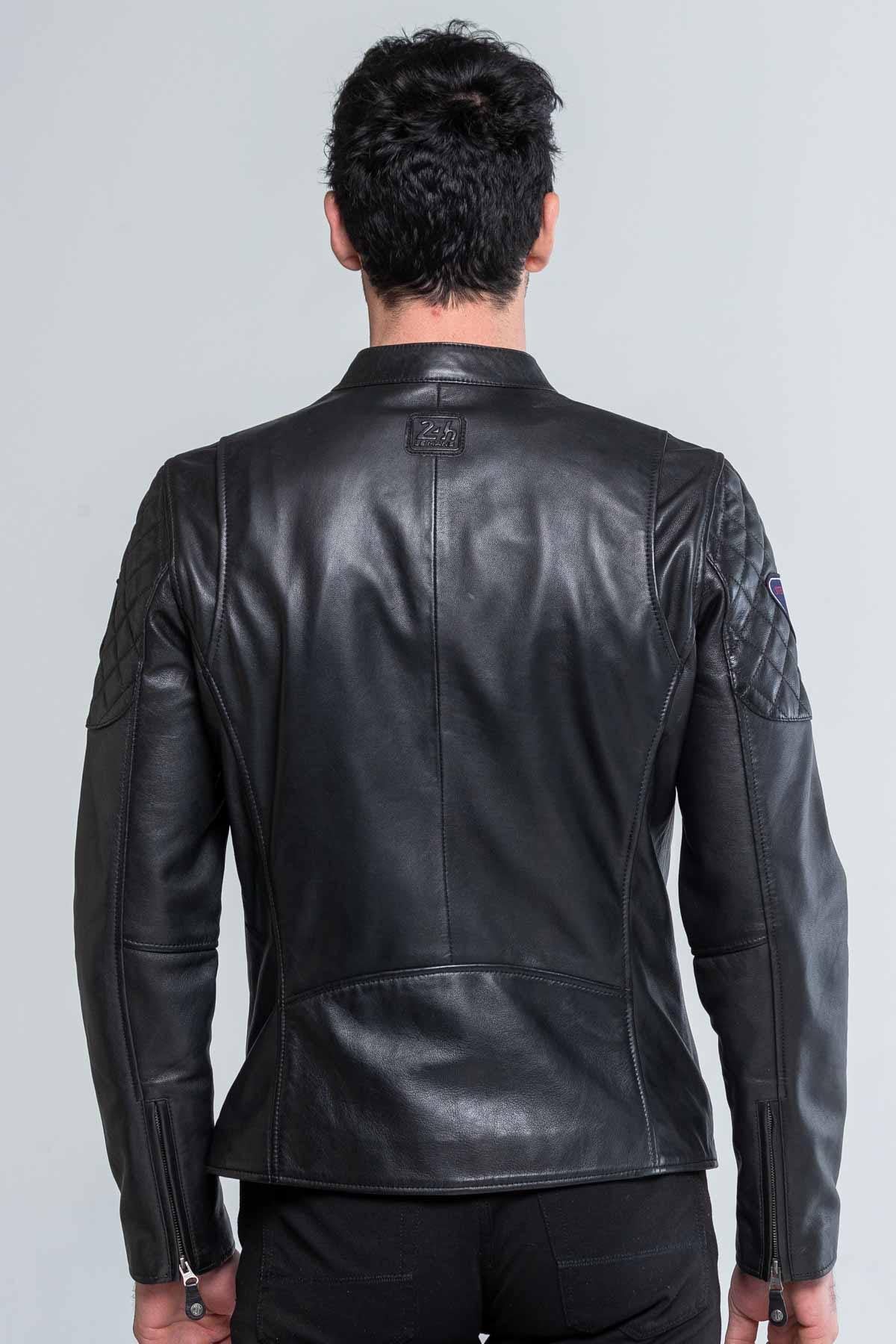 Sheep leather jacket: matelassé shoulders and racing stripes. - Image n°6