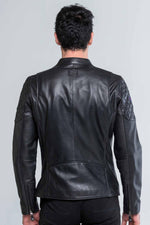 Sheep leather jacket: matelassé shoulders and racing stripes. - Image n°6