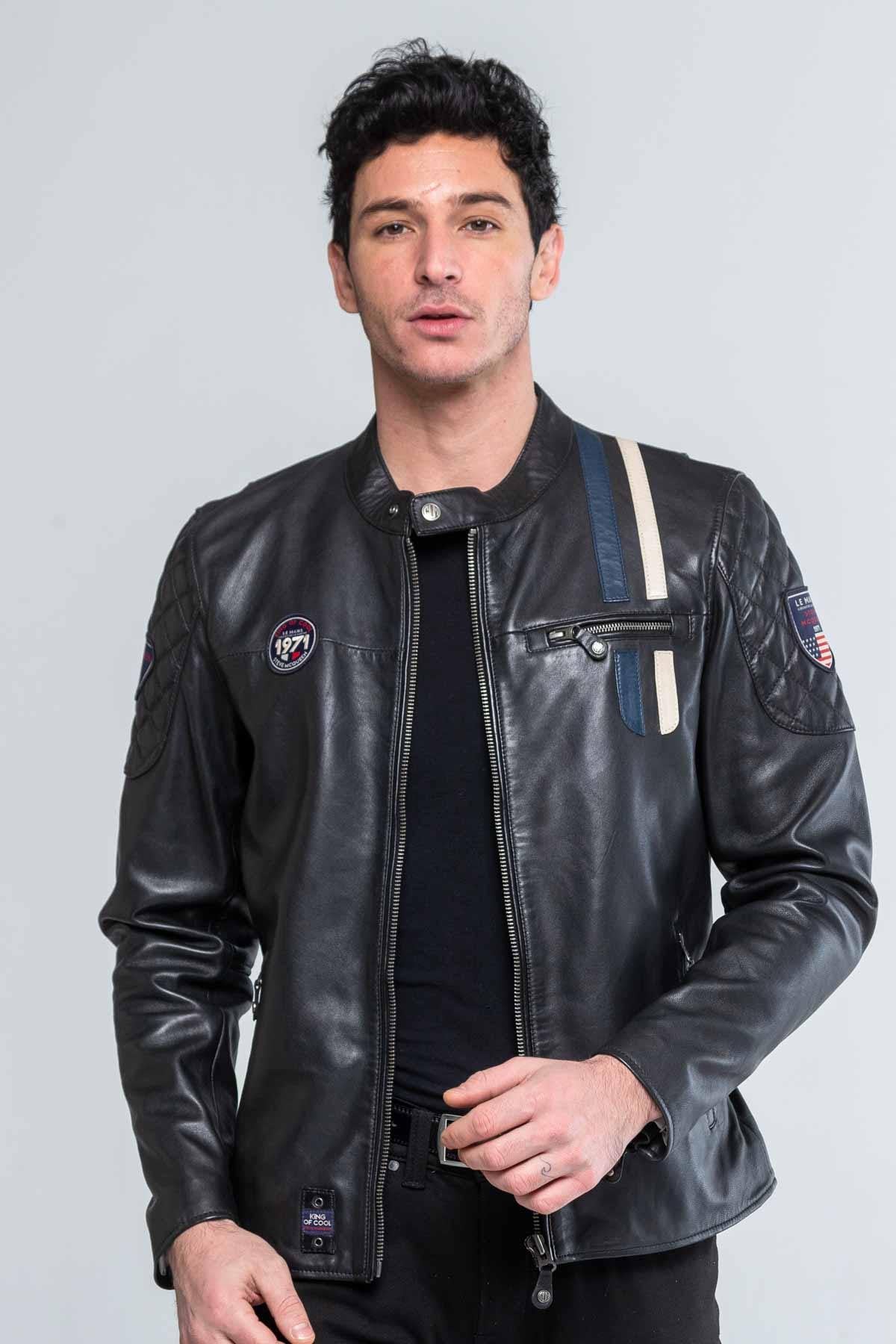 Sheep leather jacket: matelassé shoulders and racing stripes. - Image n°2