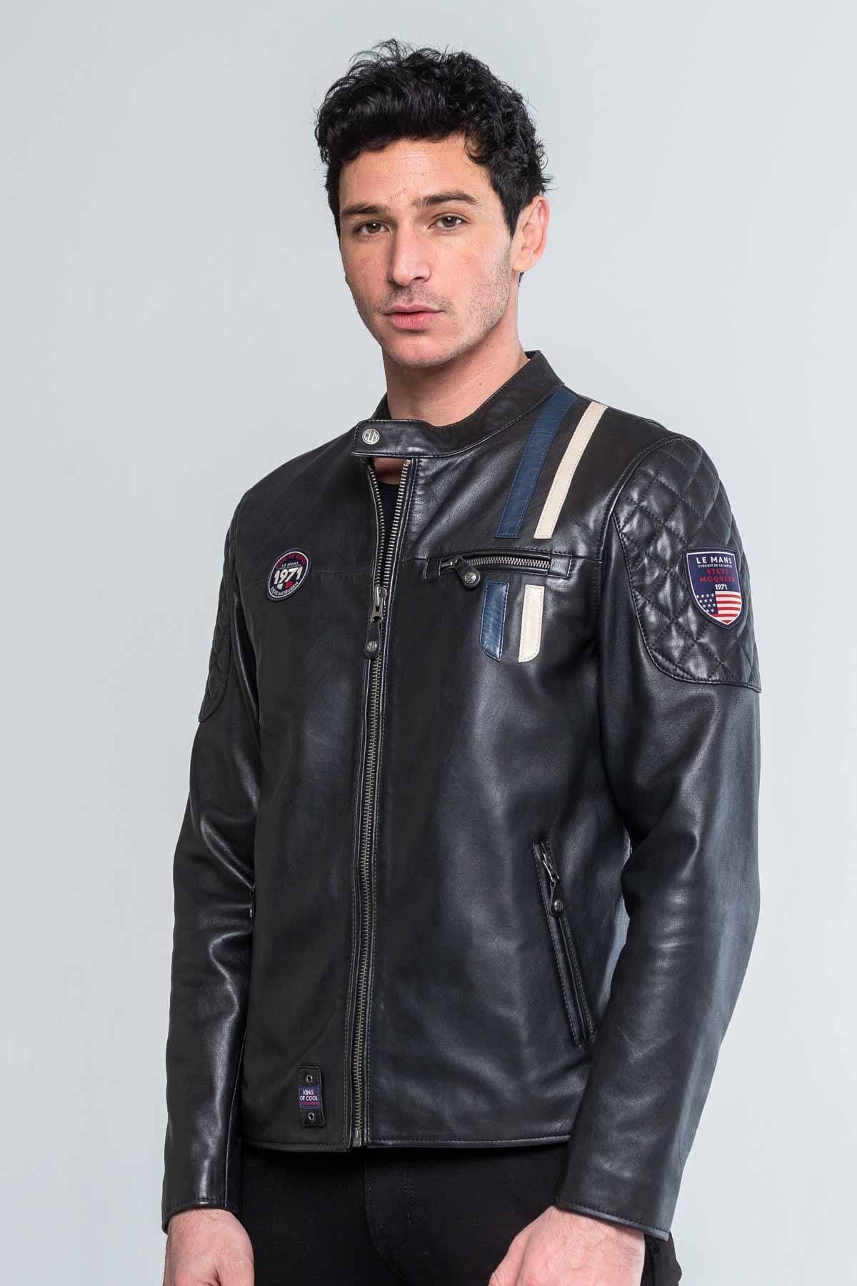 Sheep leather jacket: matelassé shoulders and racing stripes. - Image n°5