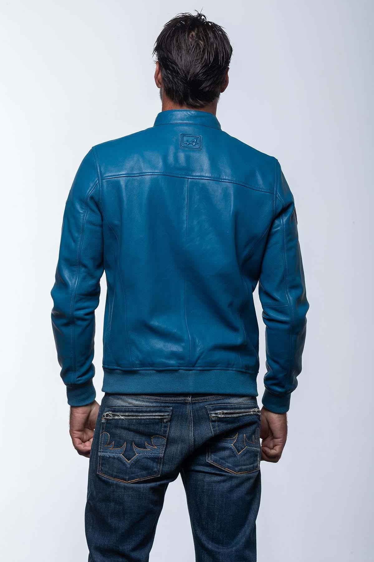 Navy sheep leather jacket with biker collar and regular fit. - Image n°3
