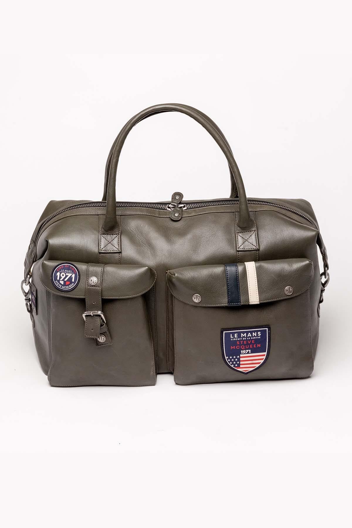 Dark khaki leather travel bag 48h format - Image n°1