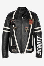 Men's black leather biker jacket with patch - Image n°8
