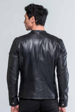 Men's black leather jacket with biker collar - Image n°3