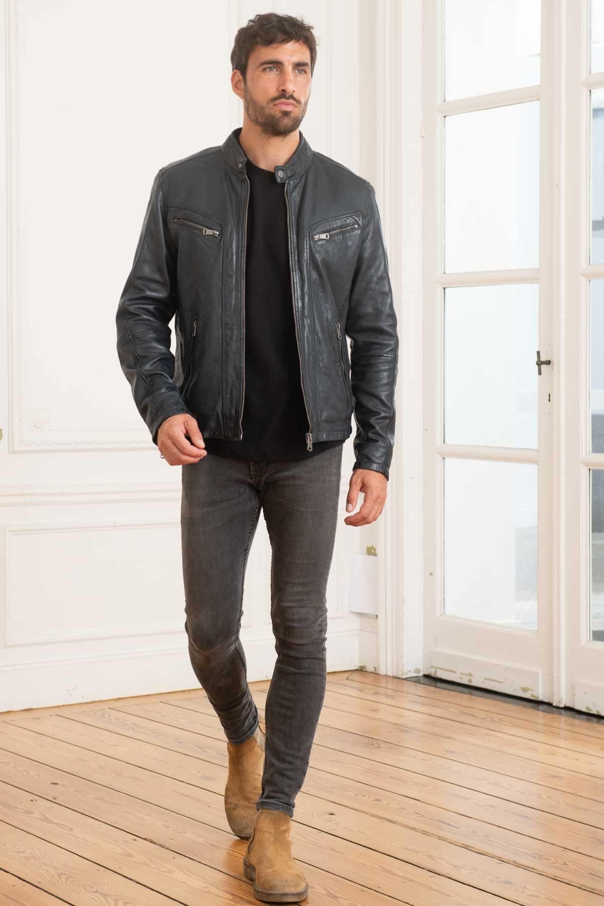 Navy sheepskin jacket, chrome-free tanned, with a moto collar. - Image n°2