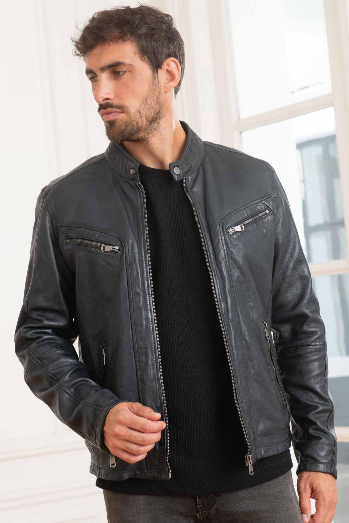 Navy sheepskin jacket, chrome-free tanned, with a moto collar. - Image n°1