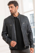 Navy sheepskin jacket, chrome-free tanned, with a moto collar. - Image n°1