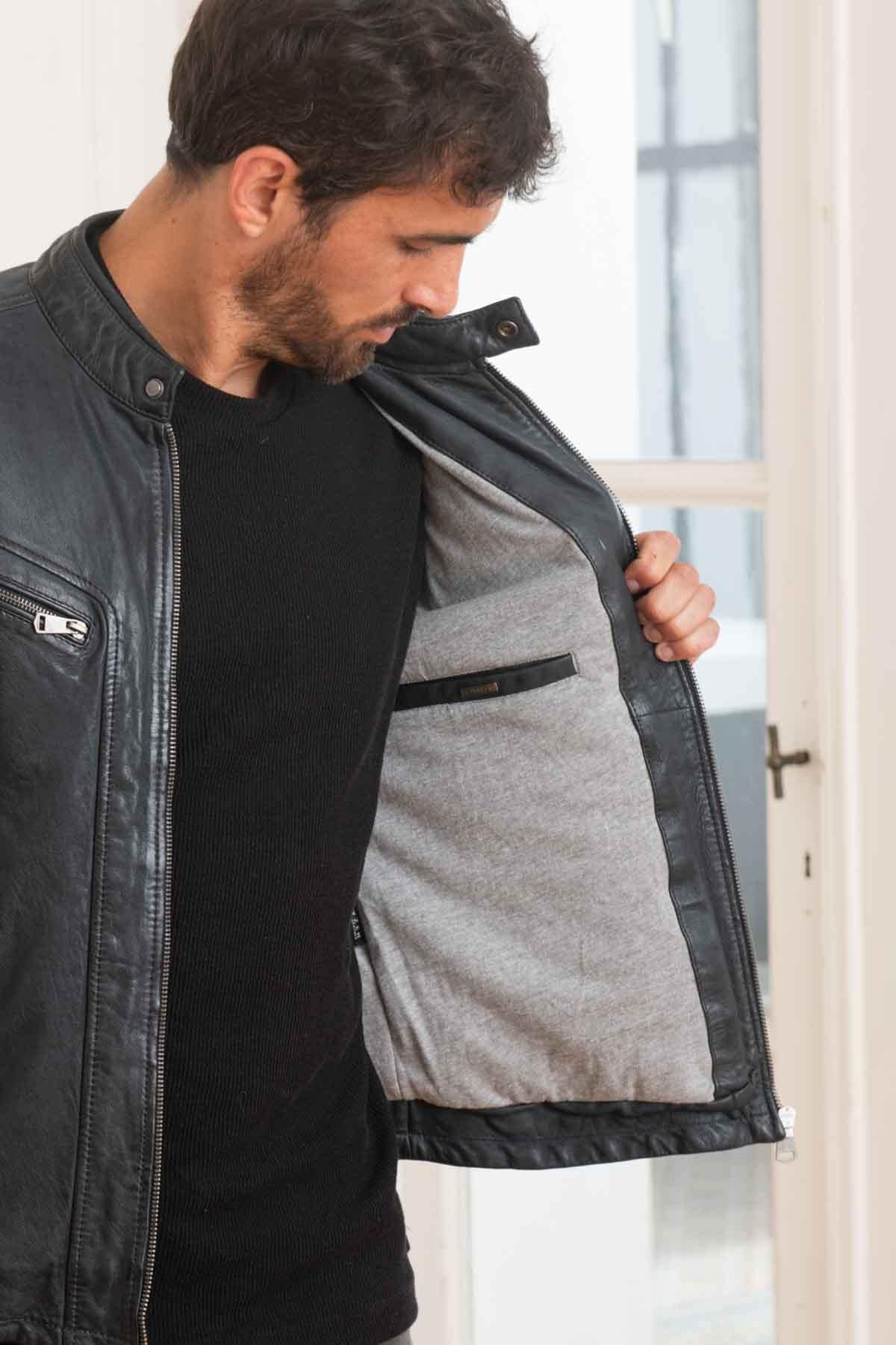 Navy sheepskin jacket, chrome-free tanned, with a moto collar. - Image n°5