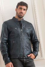Navy sheepskin jacket, chrome-free tanned, with a moto collar. - Image n°3