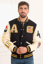 AC-17 varsity jacket: navy and beige wool with sheepskin sleeves. - Image n°1