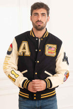 AC-17 varsity jacket: navy and beige wool with sheepskin sleeves. - Image n°1