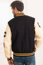 AC-17 varsity jacket: navy and beige wool with sheepskin sleeves. - Image n°4