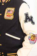 AC-17 varsity jacket: navy and beige wool with sheepskin sleeves. - Image n°7