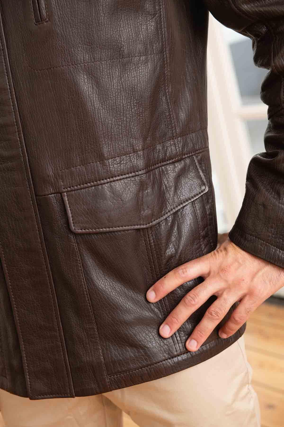 Men's mid-length jacket in brown lambskin - Image n°6
