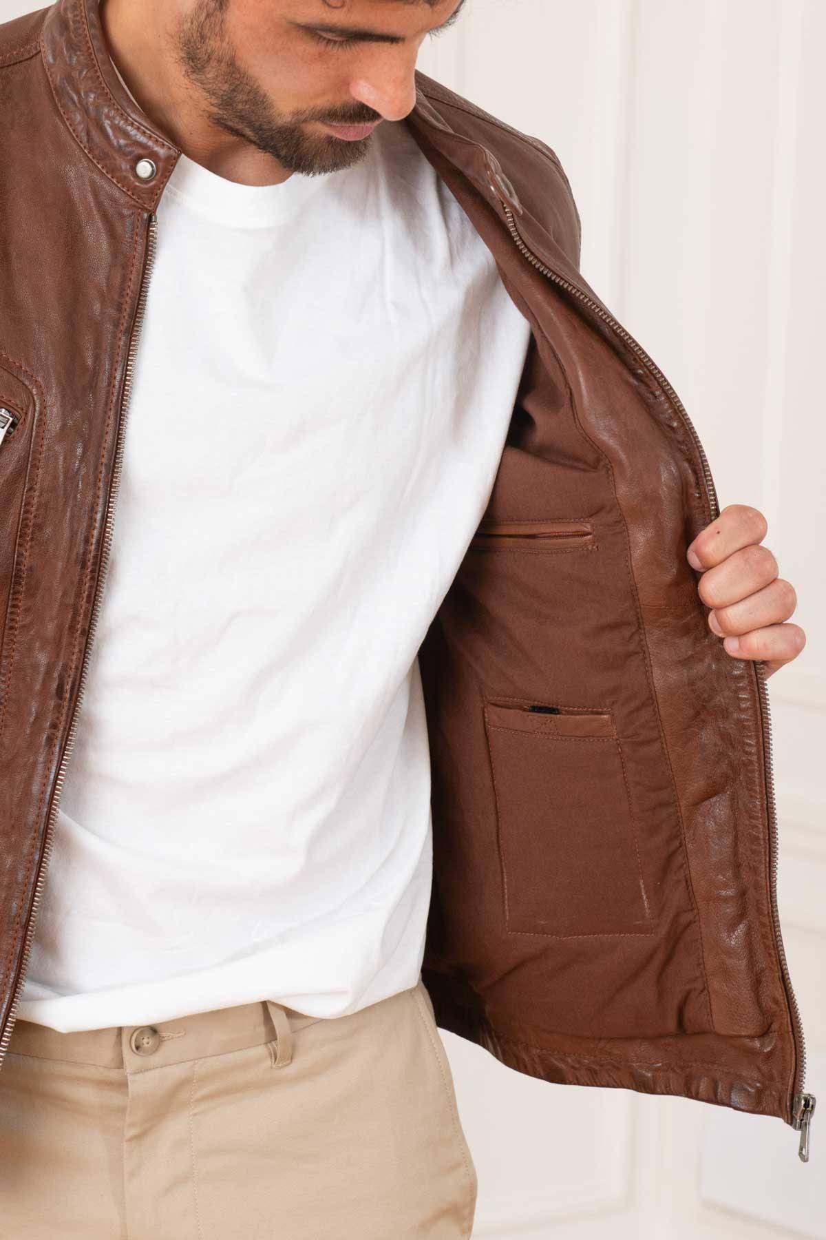 Brown Leather Jacket with Biker Collar - Image n°4