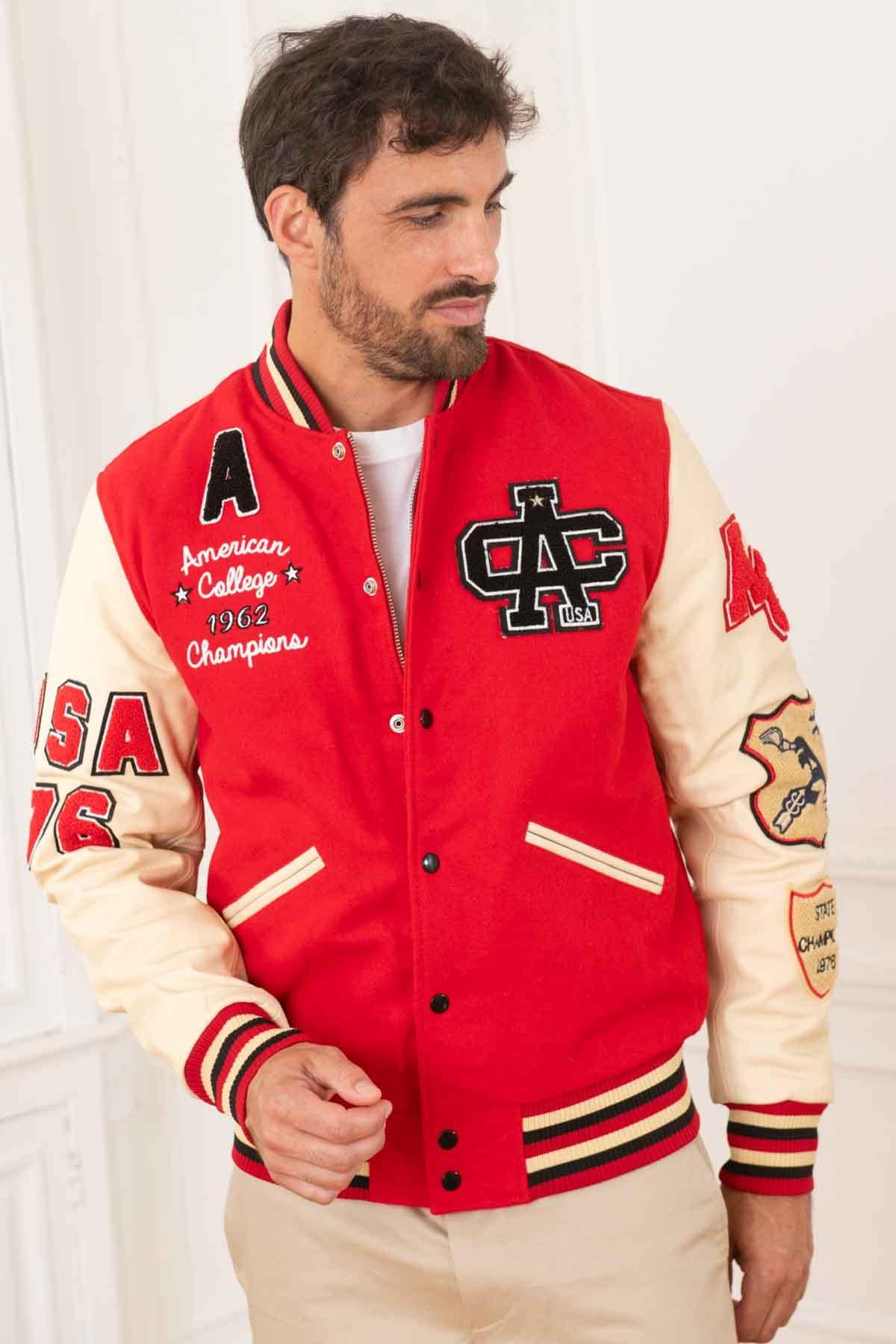 Bold red wool meets beige leather sleeves in this urban jacket. - Image n°1