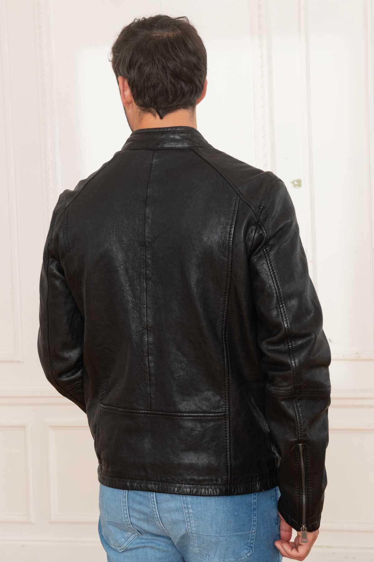 Black leather jacket with biker collar - Image n°3