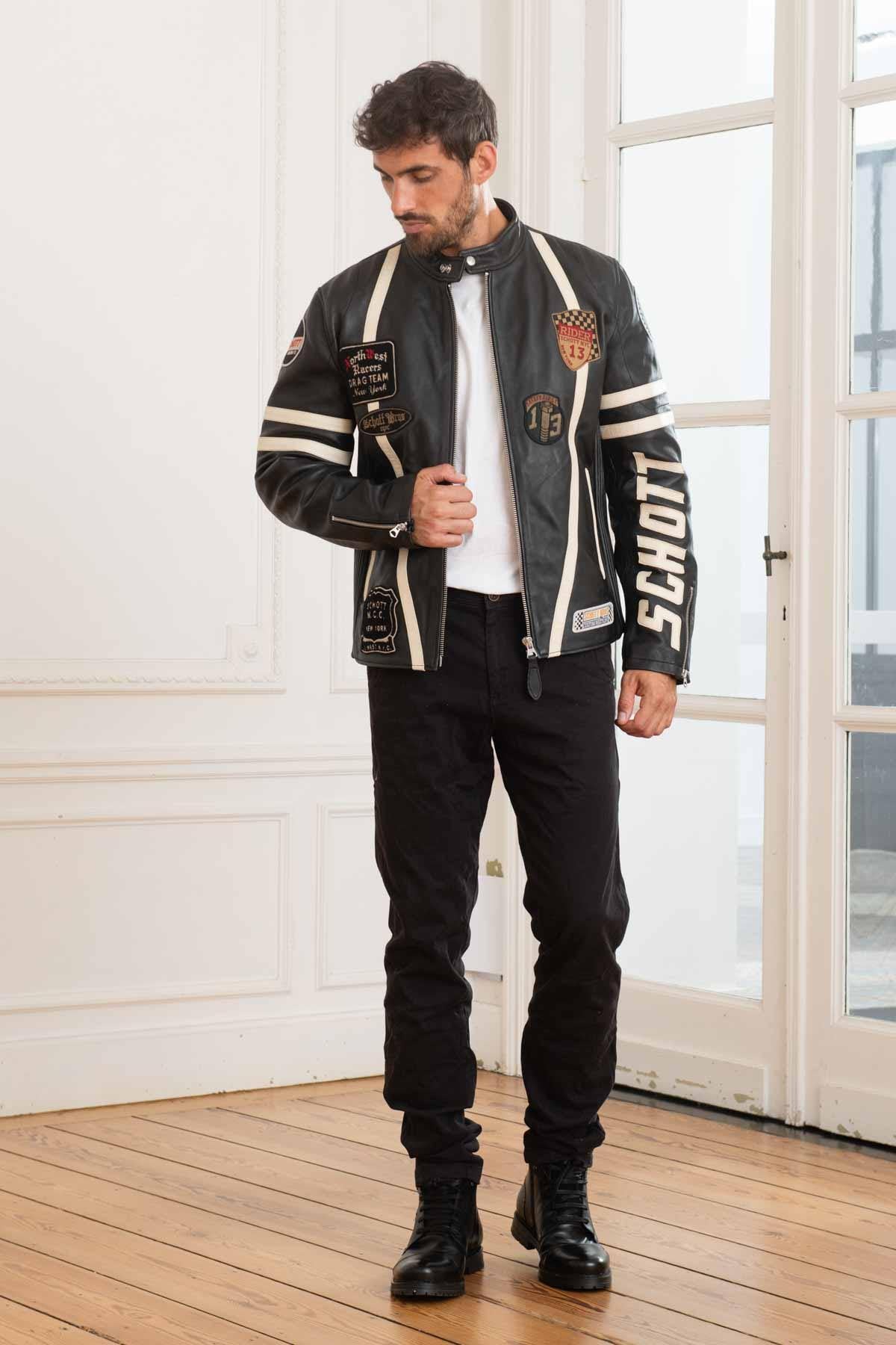 Schott's black lambskin biker jacket with a motard collar. - Image n°2