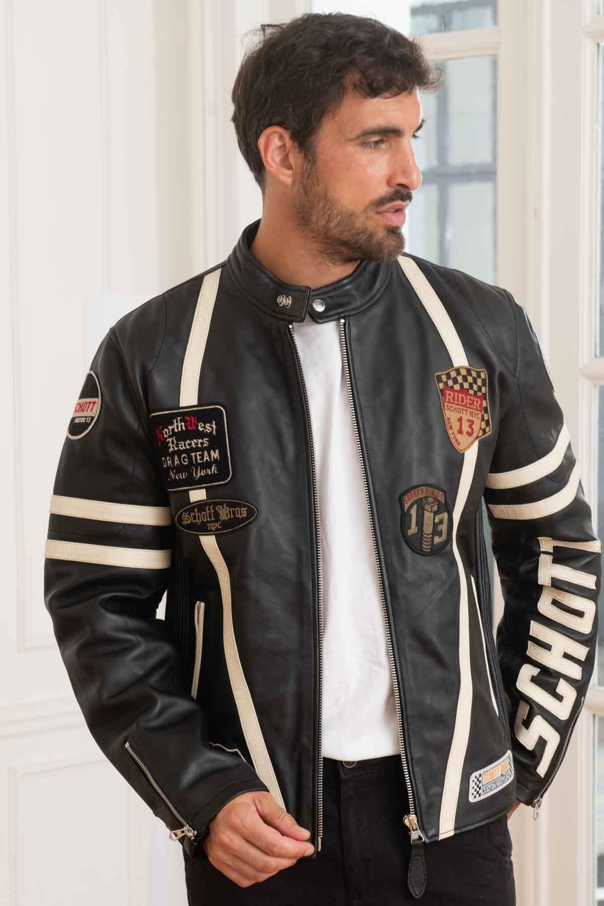 Schott's black lambskin biker jacket with a motard collar. - Image n°1