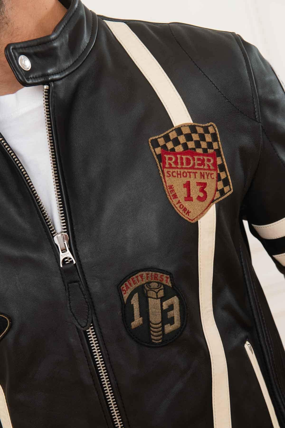 Schott's black lambskin biker jacket with a motard collar. - Image n°7