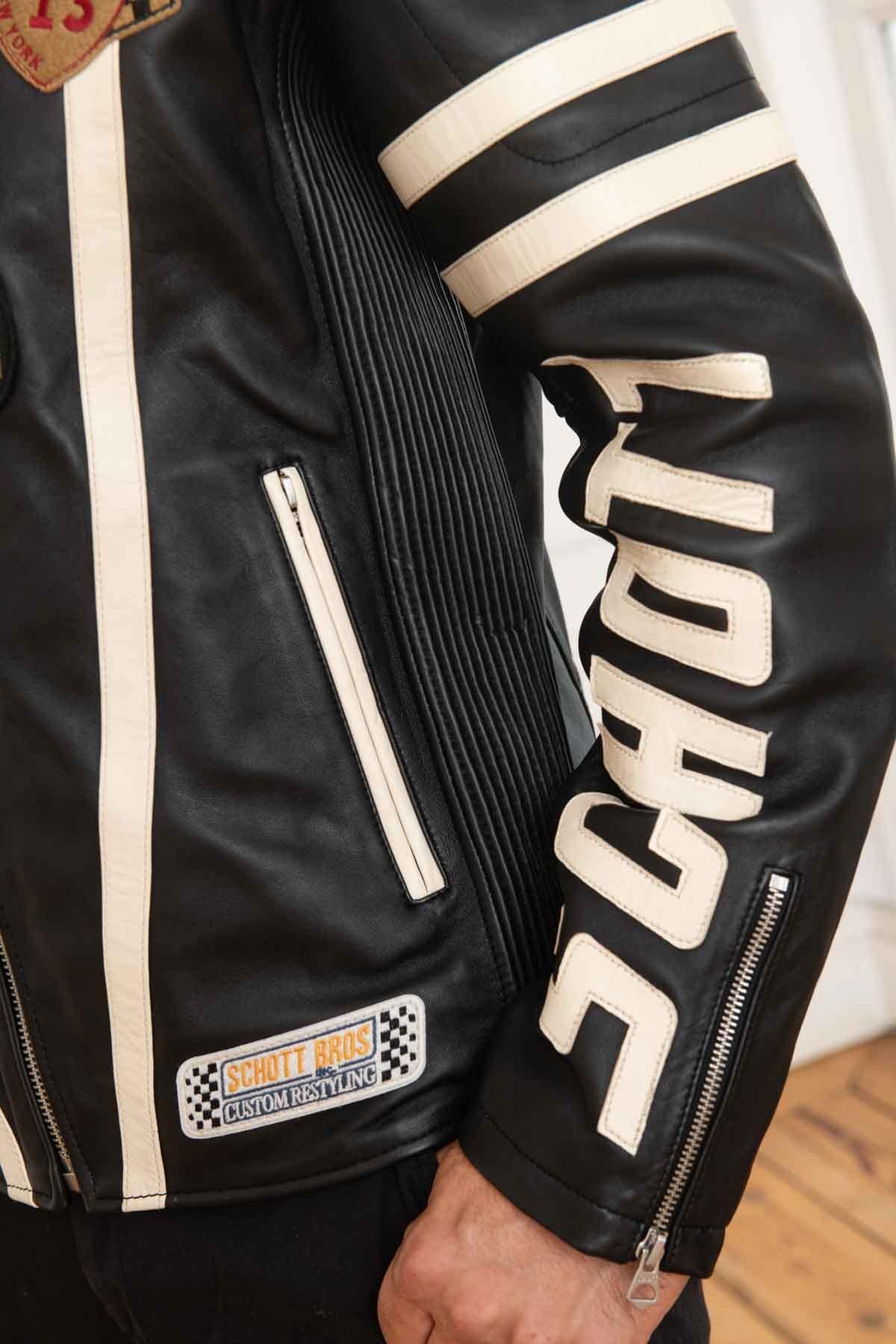 Schott's black lambskin biker jacket with a motard collar. - Image n°6