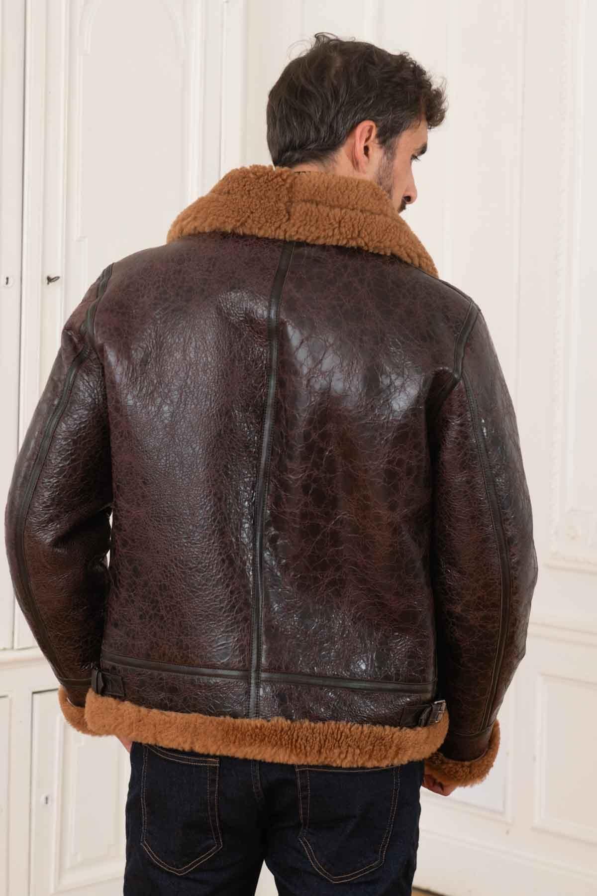 Shearling-lined bomber in glossy dark brown reversed sheep leather. - Image n°6