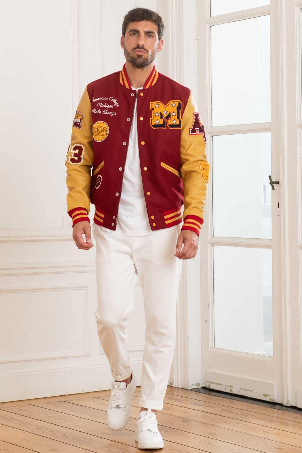 American College's burgundy varsity: wool and gold-yellow leather. - Image n°2