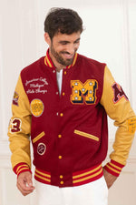 American College's burgundy varsity: wool and gold-yellow leather. - Image n°1
