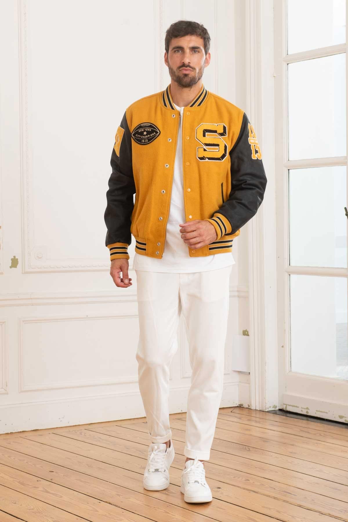 Schott's yellow cowhide varsity jacket with black leather sleeves. - Image n°2