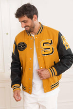 Schott's yellow cowhide varsity jacket with black leather sleeves. - Image n°1