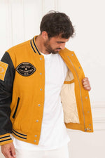 Schott's yellow cowhide varsity jacket with black leather sleeves. - Image n°4